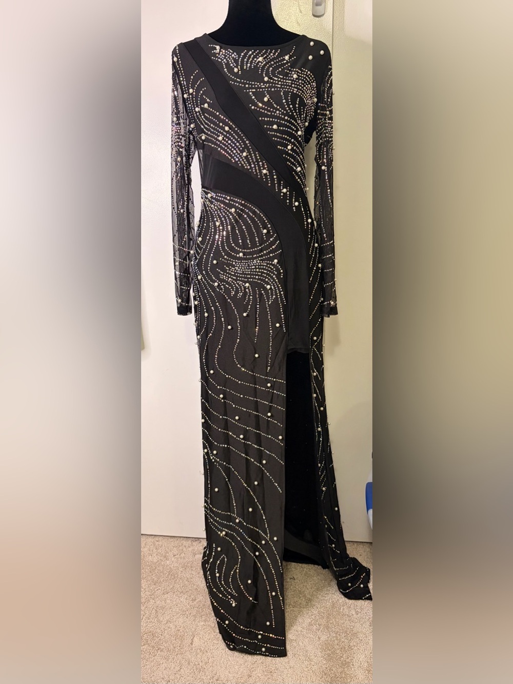 NIKBRK Black Rhinestone Pearl Bodycon Maxi Dress Open Back Long Sleeve Size L